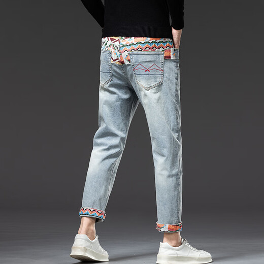 Canelin Kiskha Spring New Embroidered Printed Nine-Credit Jeans Men's Korean Style Stretch Slim Feet Ripped Trendy Brand Retro Everbright 869 Light Blue Nine-Credit Size 30 Size