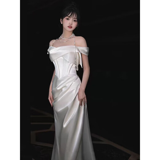 Chuangjingyi selected dress women's banquet evening dress high-end slightly fat French one-shoulder white satin welcome out light wedding dress bride white M