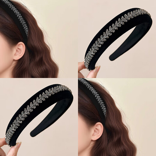 Zuoou hairband for women, high-end, fashionable, wide-brimmed hairpin, black sponge hairpin, velvet rhinestone headband, hair hole headdress, black