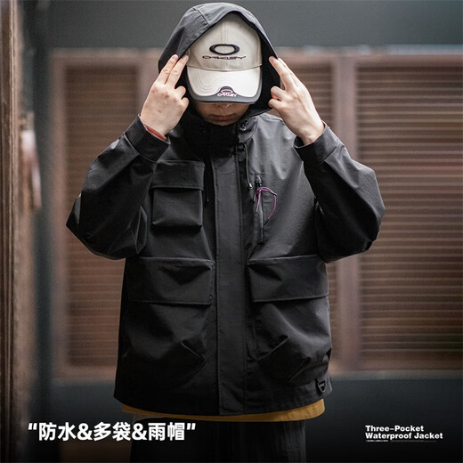 Madden Workwear American Casual Functional Hooded Jacket Men's Autumn Outdoor Waterproof Sports Jacket Loose Profile Top Black L