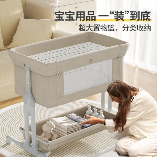 Trimigo (Thaimei Gao) baby cot spliced ​​large bed foldable newborn cot baby cot moveable baby shaker with diaper table khaki diaper table + mattress + mattress + mosquito net pillow spliced ​​large bed baby foldable bed moveable