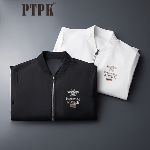 PTPK trendy brand embroidered bomber jacket men's slim spring and autumn new casual men's versatile baseball uniform jacket top white little bee J801 regular style M (recommended 105-120Jin Jin equals 0.5 kg)