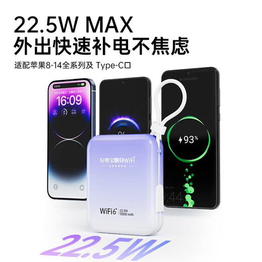 烁盟 随身wifi免插卡便携式无线wifi6 5ghz无限流量全国通用2025款移动wifi热点三网通流量卡 绝绝紫【22.5W快充】网速可达150M+1W毫安