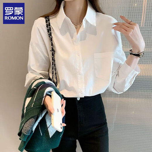 ROMON cotton shirt for women in autumn new design niche top casual bottoming shirt versatile inner layering shirt white XL recommended 120-135 Jin Jin equals 0.5 kg