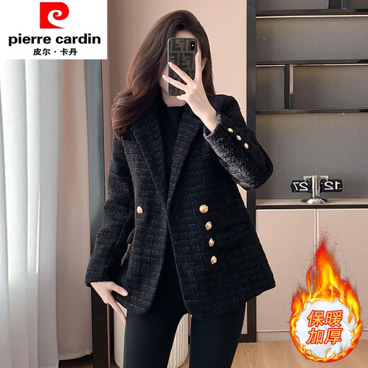 皮尔卡丹（pierre cardin）小香风西装女外套2025新款设计感显瘦轻奢减龄加棉加厚秋冬款外套 黑色 加厚 M 建议95-108斤