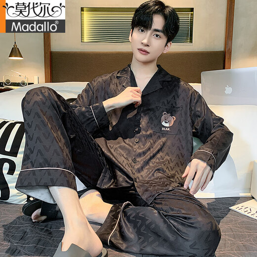 Modal Light Luxury Pyjamas für Männer Frühling und Herbst Sommereis, dünne Seide Langarmhose Lose großer Seide 2025 Neues Set 838# V-förmiger Bären-Mist Gray [grau Seide] XL [120-150jin [Jin gleich 0,5 kg]]]