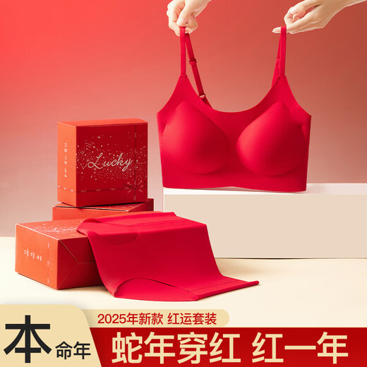 Adore Autumn and Summer Zodiac Year Big Red Underwear Women's Zero-Restraint Seamless Wire-Free One-piece Fixed Cup Beautiful Back Bra and Panties Set Good Luck Red One Size (80-120Jin Jin is equal to 0.5kg)