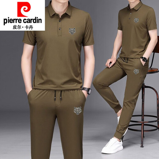 Pierre Cardin Casual Sports T-Shirt-Anzug Herren Sommer Dünne Ice Seide Kurzärärmelhose Zwei-teilige Set Laufset Herrenkleidung Dunkelgrün MX-F1591 (Kurzärärmel + Hosen) M 165