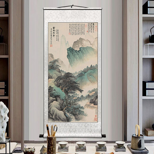 Shuwutang Wu Hufan landscape painting hanging painting celebrity ink green mountain scenery picture guest restaurant entrance tea room study room decoration calligraphy and painting cloud table Qizheng-Wu Hufan-vertical version-silver white overall size Width 50 cm Height 100 cm (comes with hook)