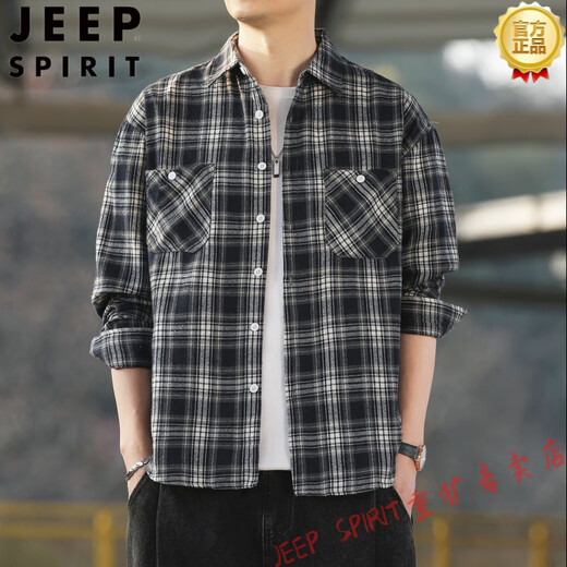 
JEEP SPIRIT American retro plaid long-sleeved shirt for men and women spring and autumn 2025 new loose Korean work shirt jacket trend K12108 white XL