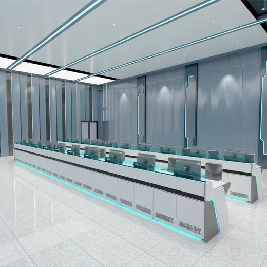 Station de surveillance de la salle de contrôle centrale, station de répartition de sécurité, console centrale de commande électrique, table d'opération en acier et bois au sens technologique moderne, bois peint sans armoire/m