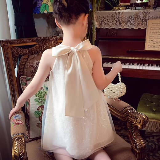 安妮优儿女童连衣裙夏季洋气儿童网纱吊带裙女孩网红挂脖公主裙 白色 120