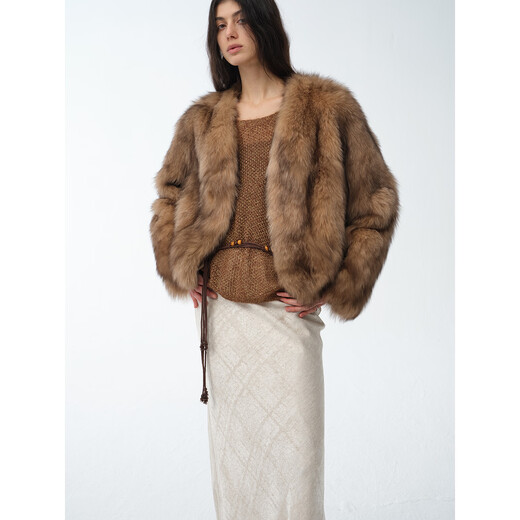 
Fu Zhien Gone with the Wind Sagafurs Fox Fur Coat Women Handmade Spray Color Smudge V-neck Fur Coat Apricot Brown S