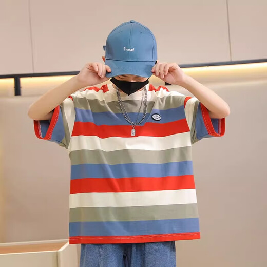 
Hanhan Elephant Boy Striped Short Sleeve Pure Cotton T-shirt 2025 New Children's Summer Half Sleeve Fried Street Loose Big Children's Summer Top [Two More Offer] 9895 Striped +9905 White 170