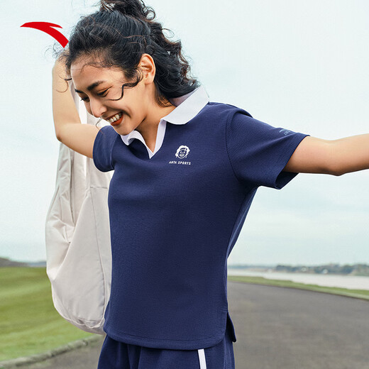 Anta [Gleicher Stil wie Zhang Yufei] Lapel-Freizeitanzug für das Kurzärärmel-T-Shirt-Shorts für Frauen im Sommer College zweiteiliger Sportswear Maya Blue-2 S