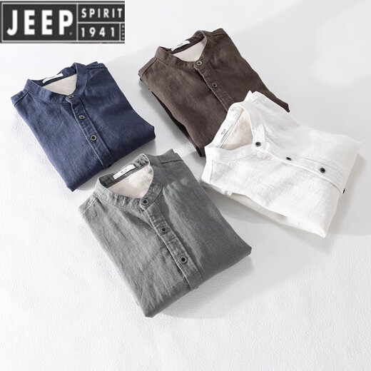 JEEP SPIRIT男士亚麻长袖衬衫日系休闲立领新中式男装春秋季棉麻衬衣外套 9896灰绿色 L 120斤左右