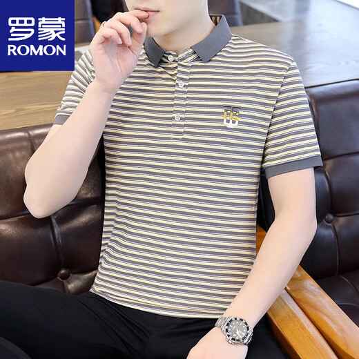 Romon Men's Shirt Cold T-shirt à manches courtes Stripes d'été Polo. T-shirt à la mode à manches à manches à manches à demi-manche 6626 Gray M 90Jin [Jin est égal à 0,5 kg]