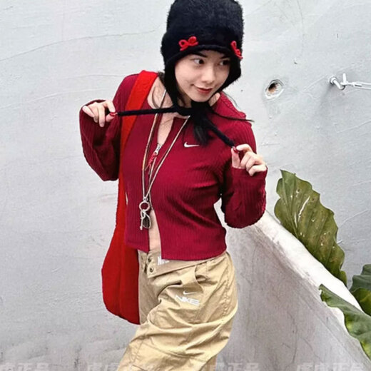 耐克（NIKE）外套女装春秋款V领修身鱼骨收腰运动服长T恤上衣 HV8459-677暗红 M