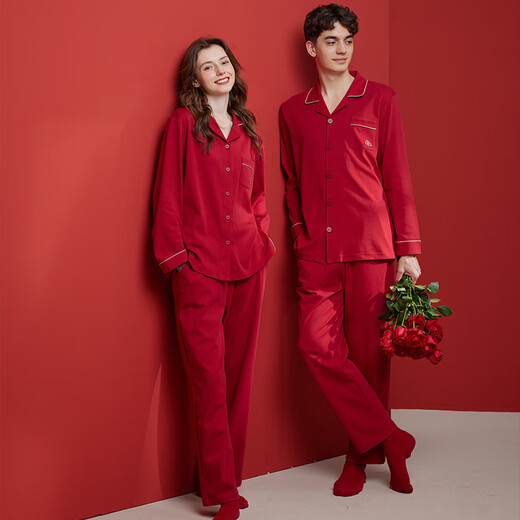 Fenten Couple Pajamas Spring and Autumn Pure Cotton Women's Red Wedding Zodiac Year Cotton Home Clothes Set Maroon M