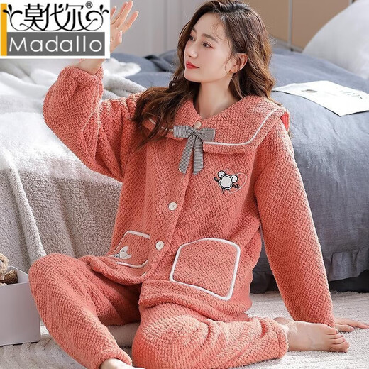 莫代尔冬季法兰绒睡衣女加绒加厚休闲开衫珊瑚绒甜美可爱保暖家居服套装 KQ3271 M