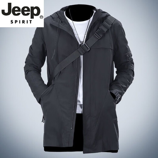 JEEP SPIRIT high-end windproof hooded jacket men's mid-length windbreaker men's jacket spring and autumn 2025 new trendy jacket green XL recommended 130-150Jin Jin equals 0.5 kg