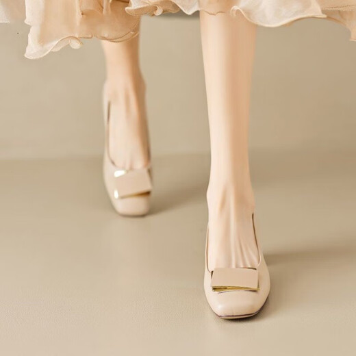 Príncipe Yierkang Oferta especial para recoger zapatos individuales de cuero suave para mujeres tacones gruesos para mujeres Spring String-toe French Bouth Bouth Bouce Medio Tacón [Fabricante 24H Cabello rápido] Beige 5cm 38
