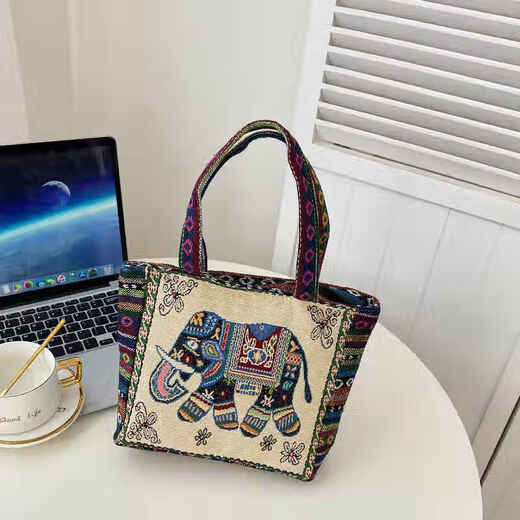 Bags for women, ethnic style embroidered handbags, literary retro shoulder bags, large-capacity embroidered handbags, tote bags, Elephant in the Sea of Flowers/