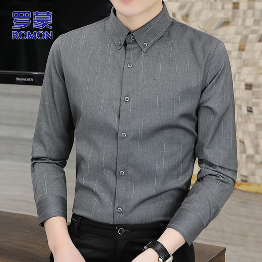 ROMON long-sleeved shirt men's spring and autumn business shirt men's casual slim base shirt jacket gray 2XL