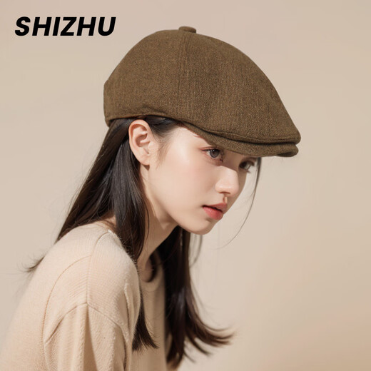 Shizhu Hat Women's Autumn and Winter Beret 2025 New Face Revealing Small Reverse Wearing Forward Hat Duck Tongue Retro Hat Newsboy Hat Brown Double-layered Brim High Quality