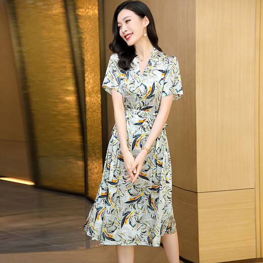Ehangy International Light Light Light Luxury Dress Женское лето 2025 г. Новая удобная тонкая цветочная шелковая шелковая юбка мода Beige [высококачественная подарочная коробка] xl