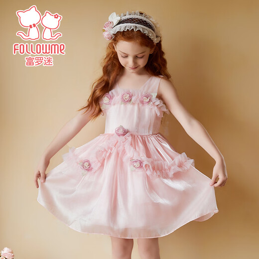 Fuluo Mi Girls Dress Summer Sleeveless Breathable Three-dimensional Flower Princess Dress Mesh Dress Pink 150