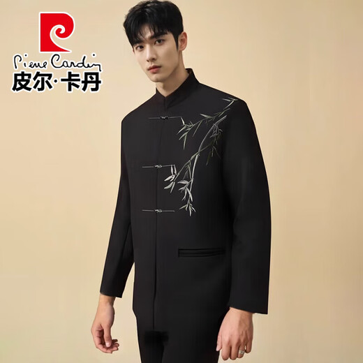 Pierre Cardin New Chinese Bamboo Embroidery Suit Men's Groom Wedding Engagement Stand Collar Banquet Dress Suit Knitted Black Two-piece Set Top + Pants L