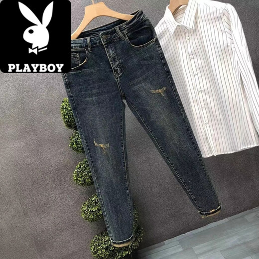 花花公子（PLAYBOY）复古做旧破洞牛仔裤男潮牌痞帅修身小脚弹力九分裤2025夏季男裤子 JBC#K761高质量 30
