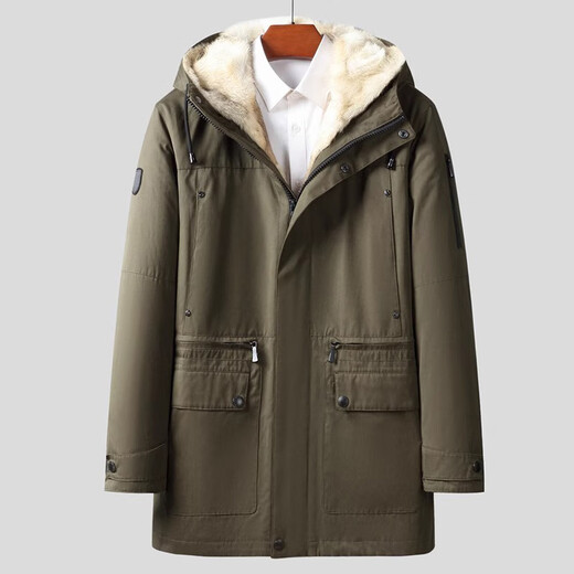 
NLMN mid-length parka overcoming men's winter [Fur integrated] Coyote fur inner liner coat leather fur coat men's military green wolf fur inner liner cashmere sleeves 2XL (135Jin[Jin equals 0.5 kg]-150Jin[Jin equals 0.5 kg])