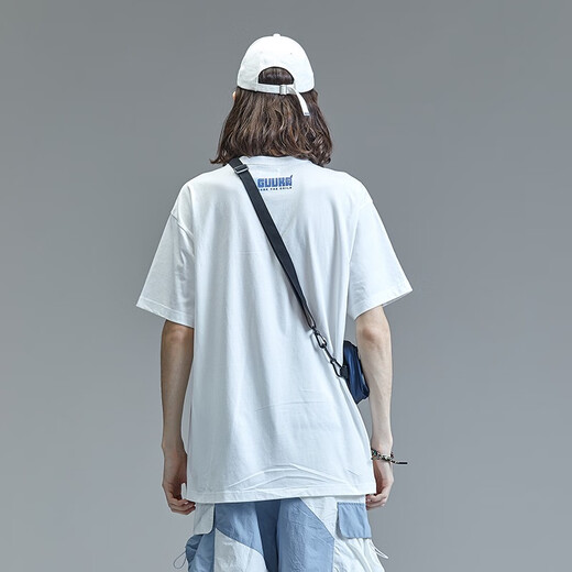 古由卡（GUUKA）&SANK联名白色短袖T恤男潮牌刘宇嘻哈纯棉运动半袖T宽松 白色f3887 XXS xs