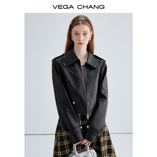 VEGA CHANG black leather jacket for women 2025 autumn new British style cool motorcycle leather jacket short coat Obsidian Black S