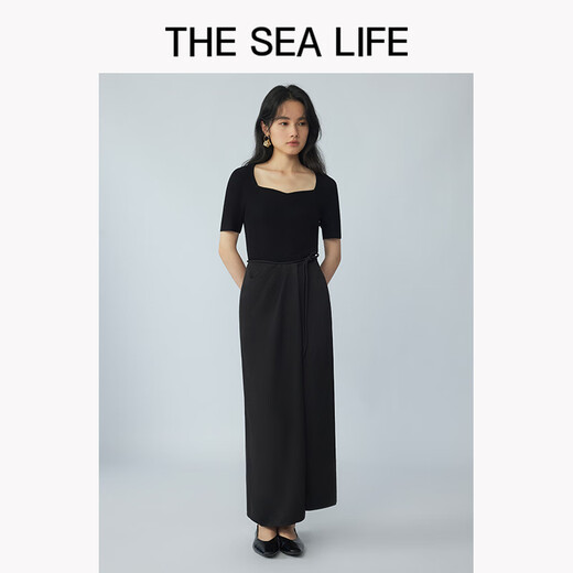 THE SEA LIFE半裙女欧海一生 冰丝半身裙2025春开衩松紧腰黑色长裙XC15265 黑法师 S