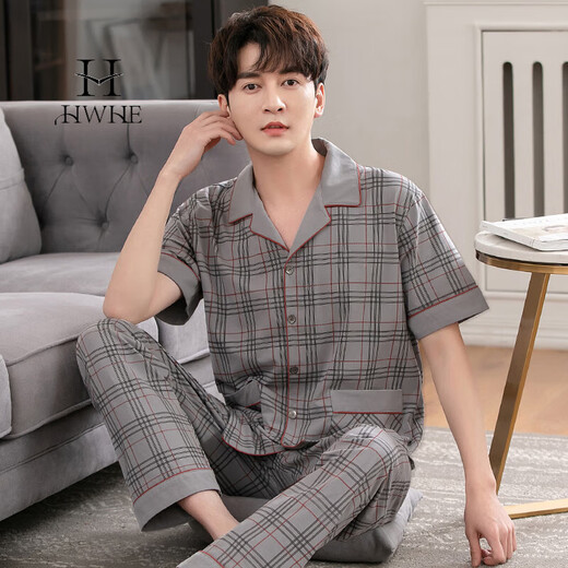 
HWHE light luxury brand short-sleeved pajamas men's 2025 summer new pure cotton trousers thin middle-aged dad's home clothing set 9864 dark blue XL (175 size) recommended height about 175, body