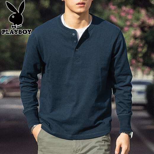 Playboy American Retro Henley Long Sleeve T-Shirt Men's 2025 Spring 250g Pure Cotton Side Seamless Henley Collar Bottoming Shirt Denim Blue 250g Pure Cotton 2XL Reference 170-195Jin Jin is equal to 0.5 kg