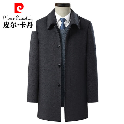 皮尔卡丹（pierre cardin）秋冬季仿羊毛呢大衣长款过膝盖中年男装呢子大衣外套爸爸装风衣男 黑青超长款 L 175