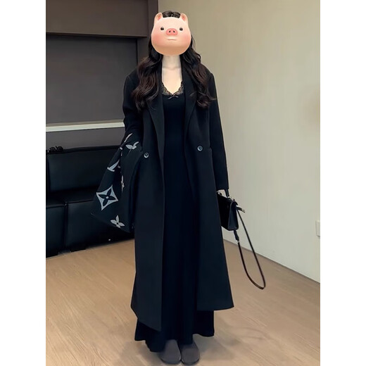 Hao'e early autumn black dress Hepburn style v-neck knitted skirt advanced 2025 with coat inner bottoming hip-covering long skirt V-neck knitted dress black L