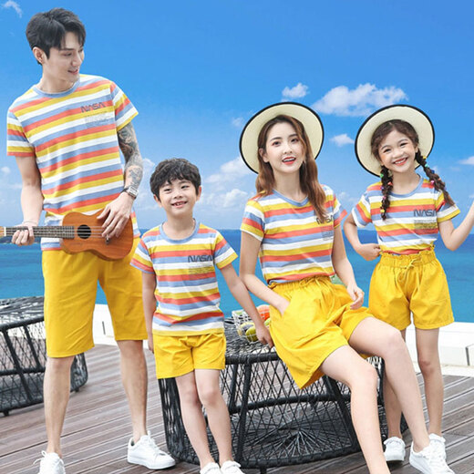 Bubble orange casual parent-child wear, family wear, short-sleeved T-shirt striped suit, mother, daughter, father and son, stylish family portrait of three or four, yellow striped suit/top + pants, baby boy size 90 (recommended height 75-85cm)