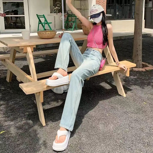 派吉鲨浅色高腰刺绣牛仔裤女春秋季2025新款直筒宽松垂感显瘦拖地阔腿裤 浅蓝色长裤 9926# S
