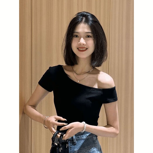 Slanted shoulders, one-length neck short-sleeved T-shirt for women, slim and fashionable short cotton hot girl chic front shoulder top T-shirt summer 962 white S [recommended 80-90Jin [Jin equals 0.5 kg]]