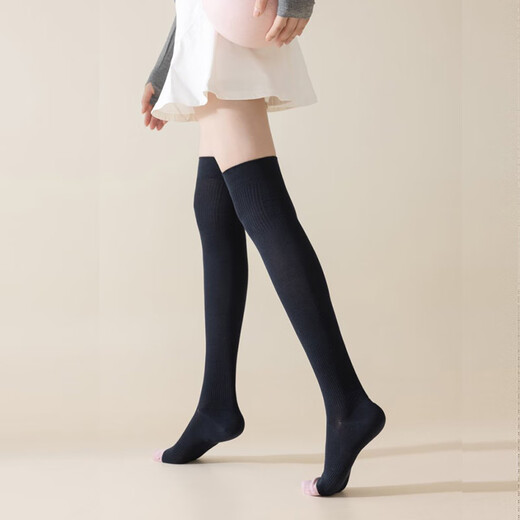 Huodiniao autumn and winter yoga socks professional non-slip women's Pilates over-the-knee compression socks indoor running fitness aerobics floor socks right-angle heel non-slip over-the-knee yoga socks-Navy Blue