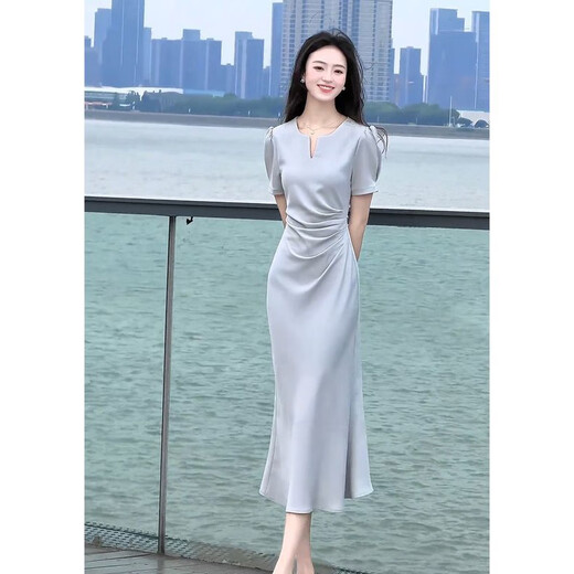 AEMAPE法式气质名媛高端2025浅蓝色连衣裙夏季女神范感端庄大气正式场合 浅蓝色连衣裙 XL 【建议115-125斤】