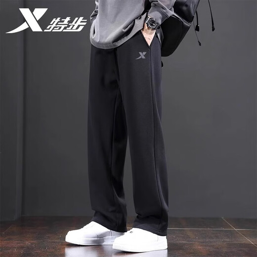 特步（XTEP）直筒运动裤男裤秋冬季男士宽松针织卫裤跑步长裤垂感休闲裤子黑色 针织长裤-黑【春秋款】 XL