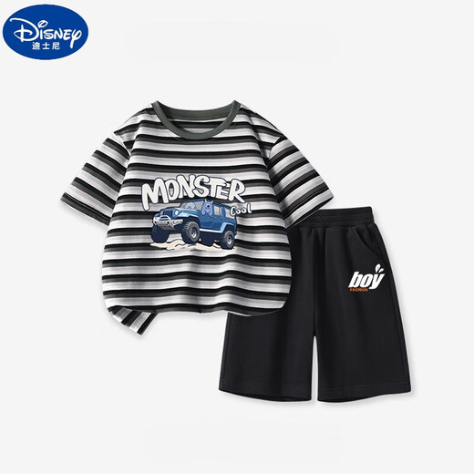 Disney boys suit summer new children's cotton t-shirt shorts suit large children's striped short-sleeved sports pants two-piece set DDB13688 gray + N11762K black 120 cm height 110-120 cm Age 6-7 years old