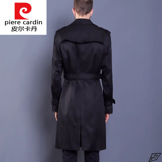 Pierre Cardin trench coat for men, British style mid-length business casual double-breasted plus 300 Jin, Jin equals 0.5 kg, thickened knitted jacket, black, no velvet, S 165/88A 100-130 Jin, Jin equals 0.5 kg
