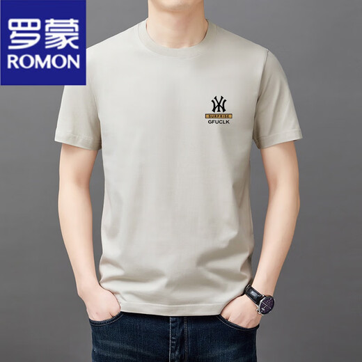 罗蒙（ROMON）100%纯棉短袖t恤男士圆领半袖上衣2025夏季薄款休闲凉感体恤衫男 短袖YW9929军绿 XL 175建议135-150斤
